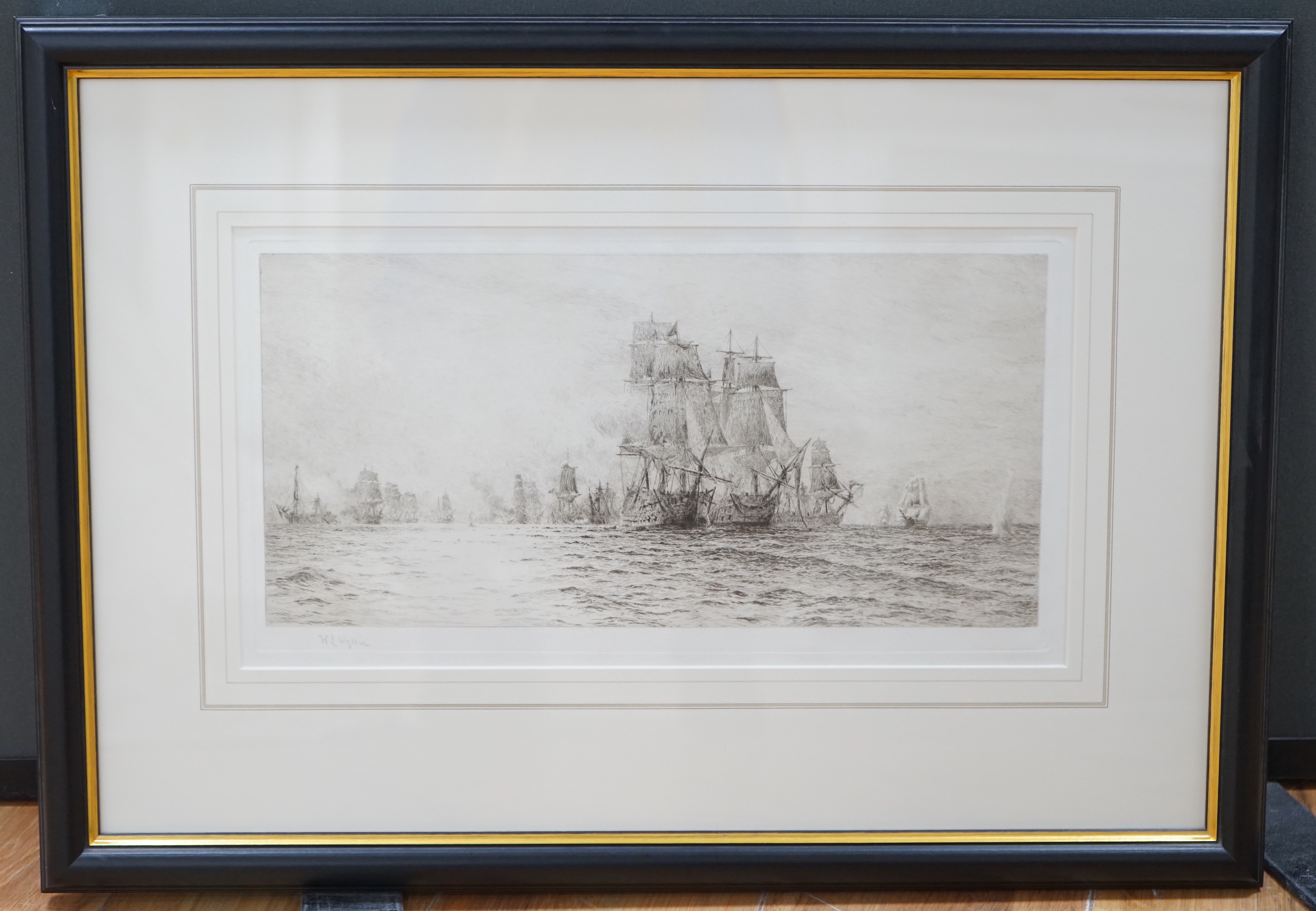 William Lionel Wyllie RA (1851-1931), etching, Duelling ships, Battle of Trafalgar, signed in pencil, 40cm x 21cm